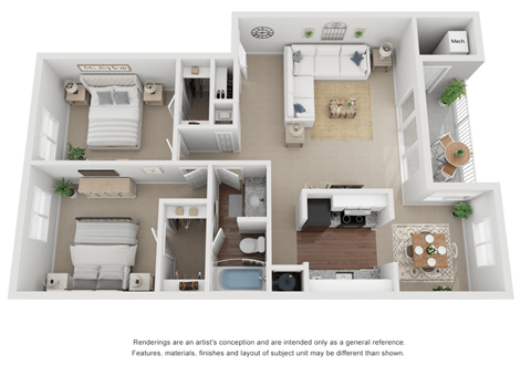 Floor plan for 2 beds, 1 bath, 1034 sqft